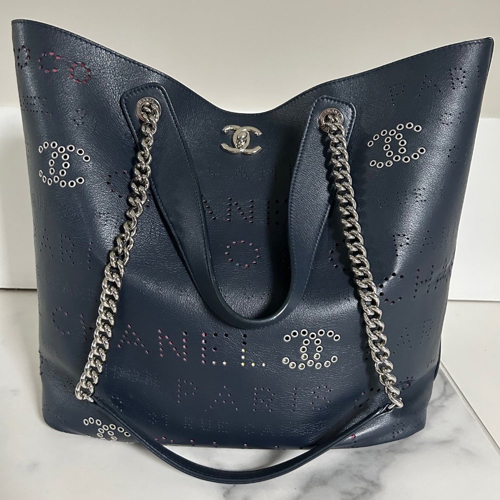 Chanel Button Up Blue Hobo Calfskin large bucket bag